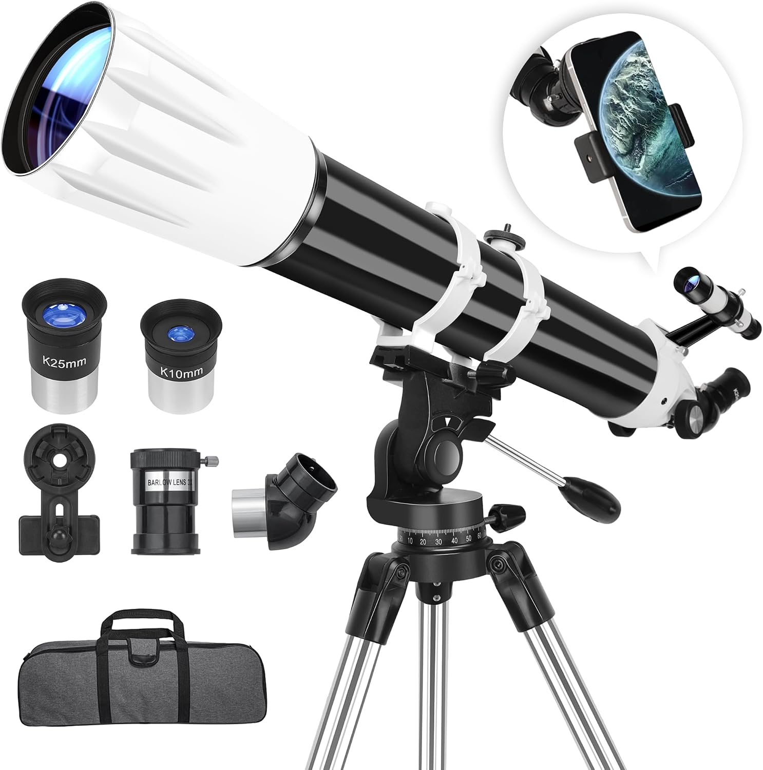 Hawkko 90mm Aperture 900mm Telescope for Adults High Powered - Professional Multi-Coated Refractor Telescope for Astronomy Beginners (36X-270X) with AZ Mount, Phone Adapter and Carry Bag